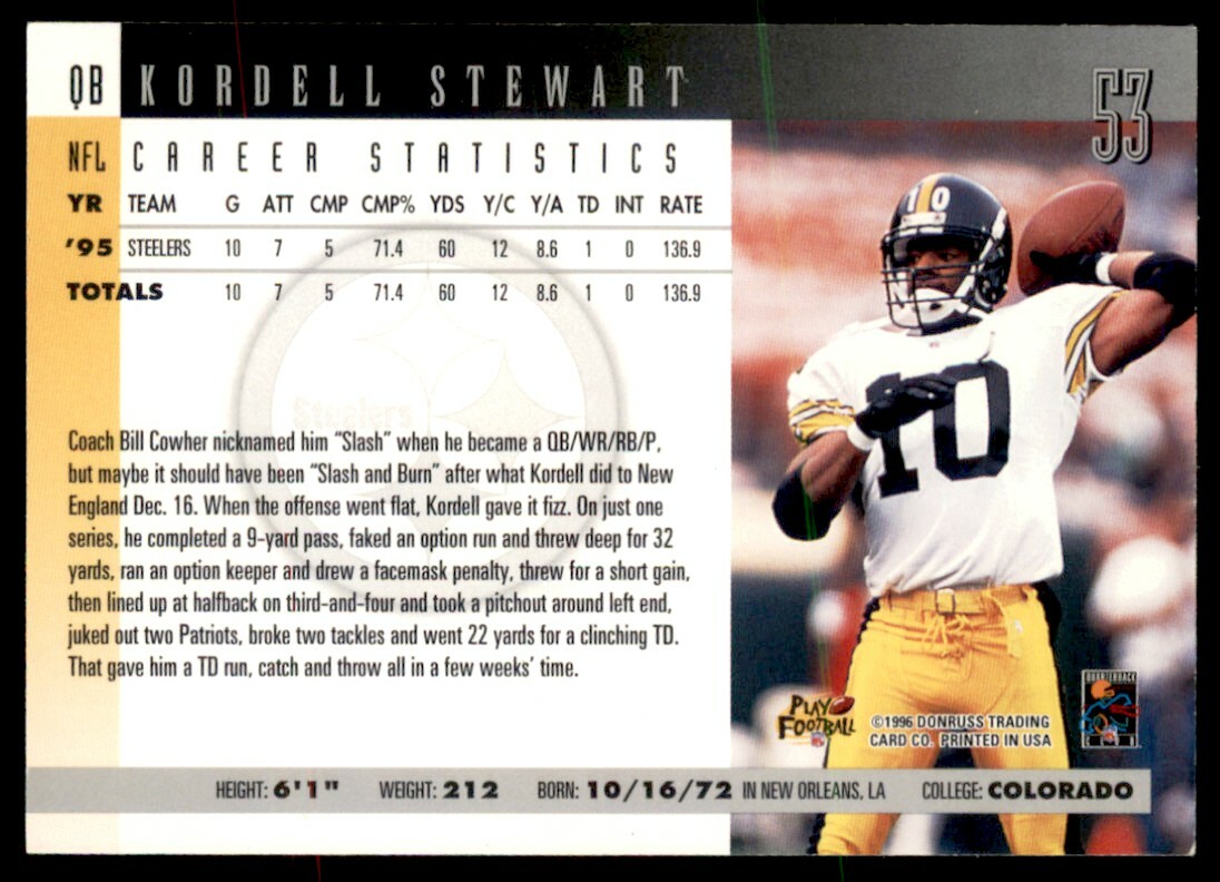 『新品』コーデル・スチュワート　STEWART(ピッツバーグ・スティーラーズ) 1996 Donruss Kordell Stewart Pittsburgh Steelers #53 | eBay