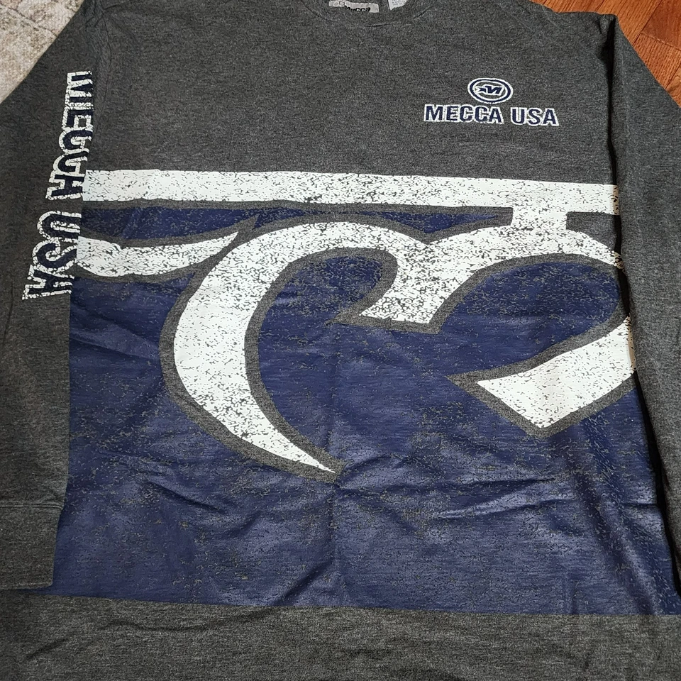 Vintage 90s Y2K Mecca Mens Tee XL Gray Blue Long Sleeve Hip Hop Logo Spellout - Image 4 of 4