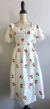 Kindred Size Small White/Red Cherry Embroidered Smocked Midi Dress NWT