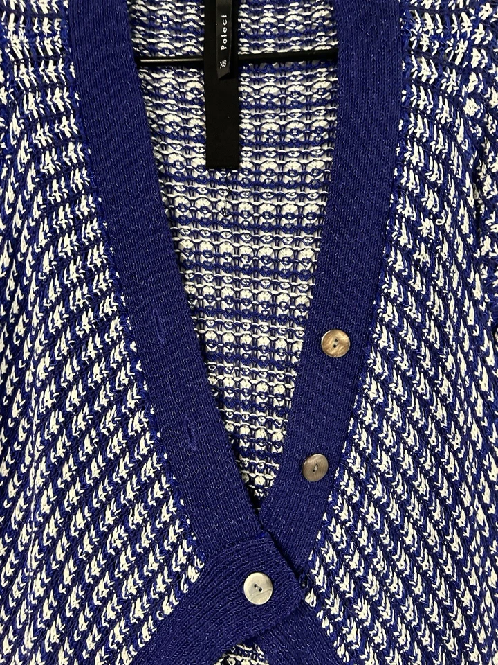 Poleci Suéter Cárdigan Azul Botón Asimétrico XS Manga Larga Azul Blanco Foto 4 de 4