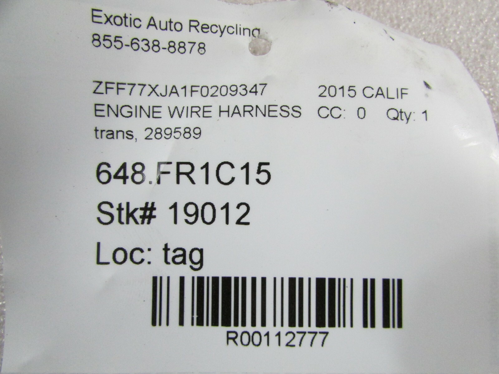 Ferrari California T, Transmission Wire Harness, Used, P/N 289589