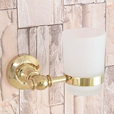 Gold Color Brass Wall Mount Bathroom Toothbrush Holder Scrub Glass Cup 2ba309