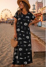 VTG M.Mac 90's Small P Black Fish all Over Print Cotton Maxi Dress T-Shirt Dress