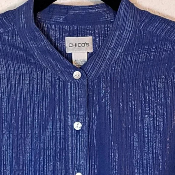 Chicos Blue Button Down Silver Metallic Shirt Wom… - image 3