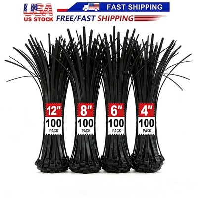 Zip Cable Ties Assorted Sizes(4 +6 +8 +12 ) Heavy Duty Nylon Black UV Resistant*