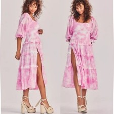 LOVESHACKFANCY Pink  Tie-Dye Midi Dress Cotton Tiered Boho Size S