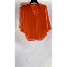 H&M Women's Orange Pleated V-Neck Button-Up Long Sleeve Top SZ 4