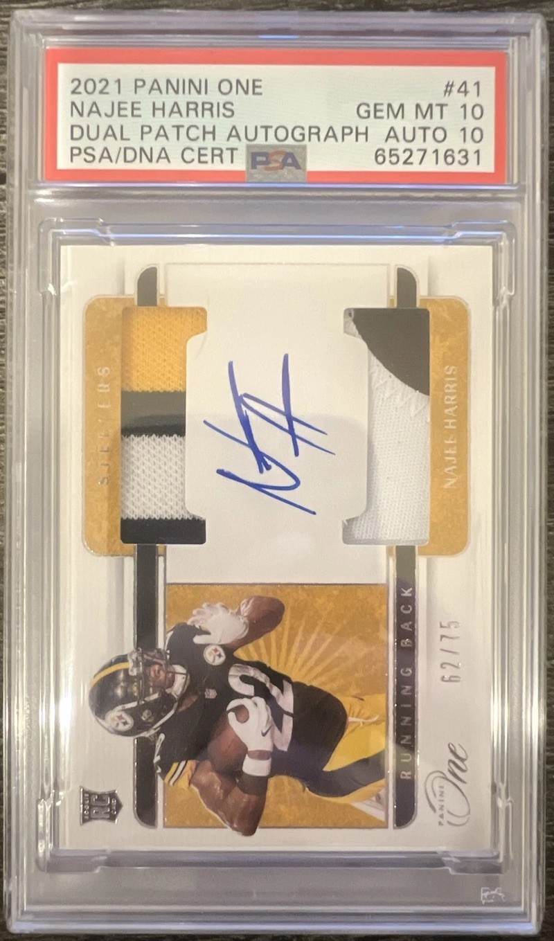 2021 Panini One - Rookie Dual Patch Autograph Najee Harris #62 /75 (AU, MEM, RC)