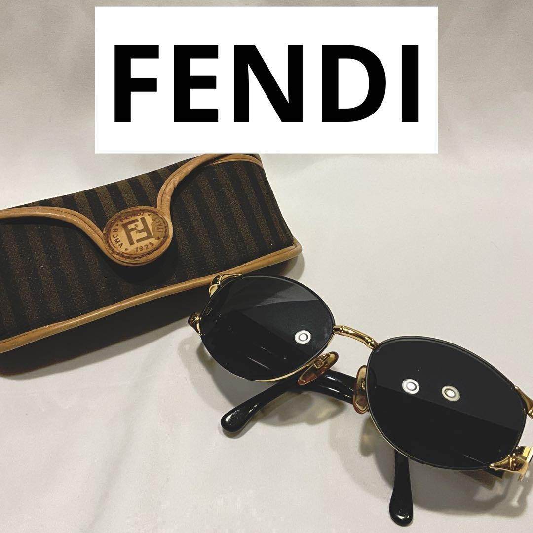 Fendi Zucca FF Logo Black Gold Oval Sunglasses 57mm Pre-Owned