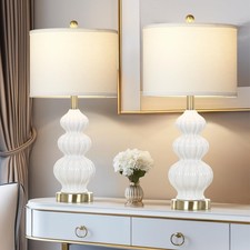 Modern White Table Lamps, Set of 2 - 26 Inch Triple Gourd Ceramic Bedside Lam...