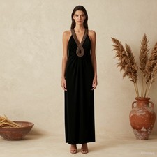 Evening Glam Maxi Dress Black Jersey V-Neck Sleeveless Beaded Stretch US 8