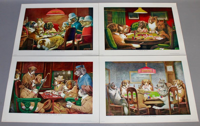 RARE 1949 SET OF 4 CABIN STILL KENTUCKY BOURBON DOGS PLAYING POKER ART PRINTS