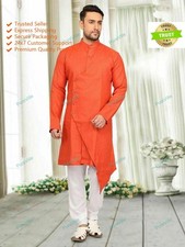Indian Orange Color Traditional Clothes Mens Kurta Button Dress