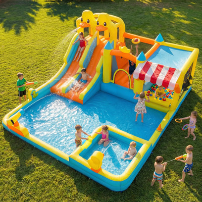 Cute Duck Inflatable Water Park with Dual Pools, Slide, Basketball Hoop & 2 Wate