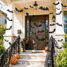 18PCS Bats Halloween Decoration with Glowing Eyes, Hang Stick Flying Bat 3D