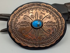 Vintage Copper Sunburst Concho Belt Buckle with Turquoise Cabochon, Leather