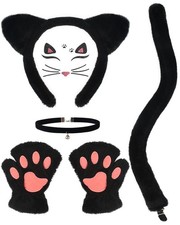 5 PCS Black Cat Costume Set, Kitty Ears Tail Paw Gloves Collar Sticker