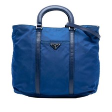Prada Vitello Trimmed Tessuto Satchel Pre-Loved Blue