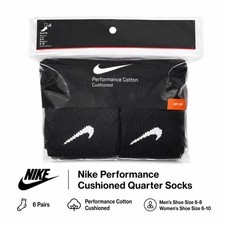 Nike Performance Cushioned Quarter Socks 6 Pairs Black Cotton Crew Athletic Sock