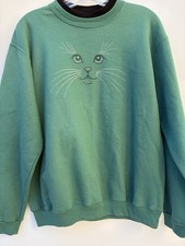 Vintage Sunburst by Morning Sun Rhinestone Cat Face Sweatshirt Green Pullover