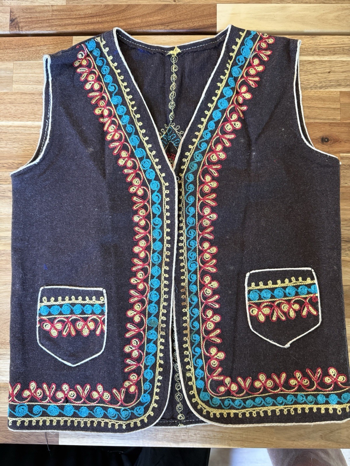 Vintage Hand Embroidered Wool Vest Small Boho Folk Kashmiri Style