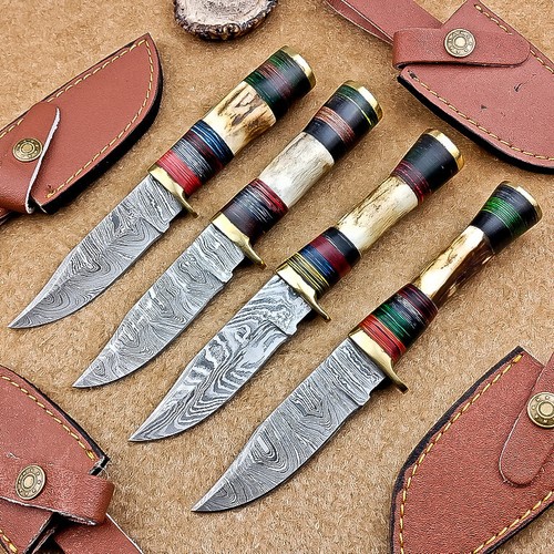 4 Pcs Damascus Blade Skinner Knives Set 8" | Stag antler, Leather Sheath IT-104