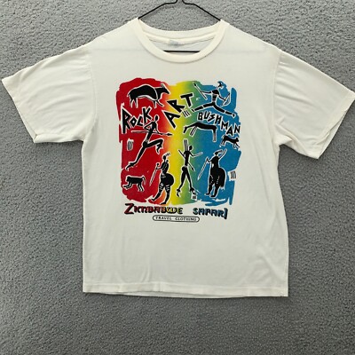 Vintage Zimbabwe Safari T Shirt Adult Large 90s Art Bushman Travel African Color