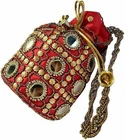 HANDMADE INDIAN ETHNIC CLUTCH SILK POTLI BATWA POUCH BAG WITH METAL BEADWORK