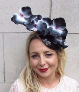 Black White Sequin Orchid Flower Fascinator Pillbox Hat Races