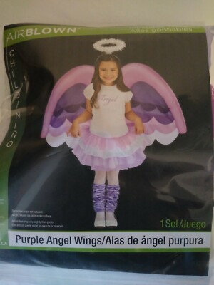 Child Costume Purple Angel with Battery Operated Fan  Inflatable Wings One Size