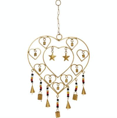 HANCRAFTED IN INDIA goldfarbenes Herz Holz Glockenspiel - 40 cm x 32 cm