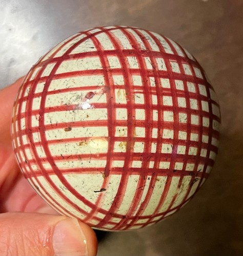 Antique 19th c. English Victorian Pottery Carpet Ball Red Criss Cross Stripe - Picture 4 of 12