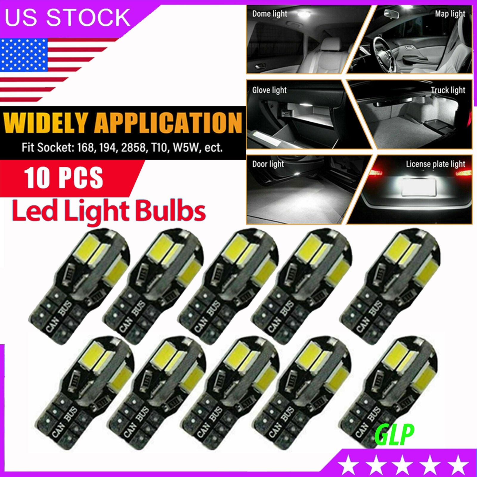 10pcs LED T10 194 168 W5W Canbus White Dome License Side Marker Light Bulb 6000K