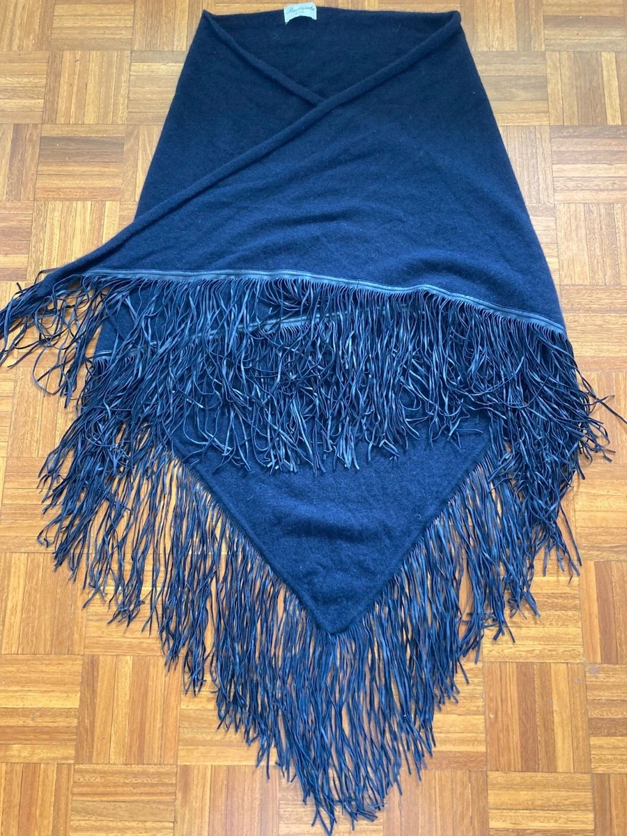 Barbajada Milano Navy Cashmere Shawl Wrap With Leather Fringe Midnight Blue