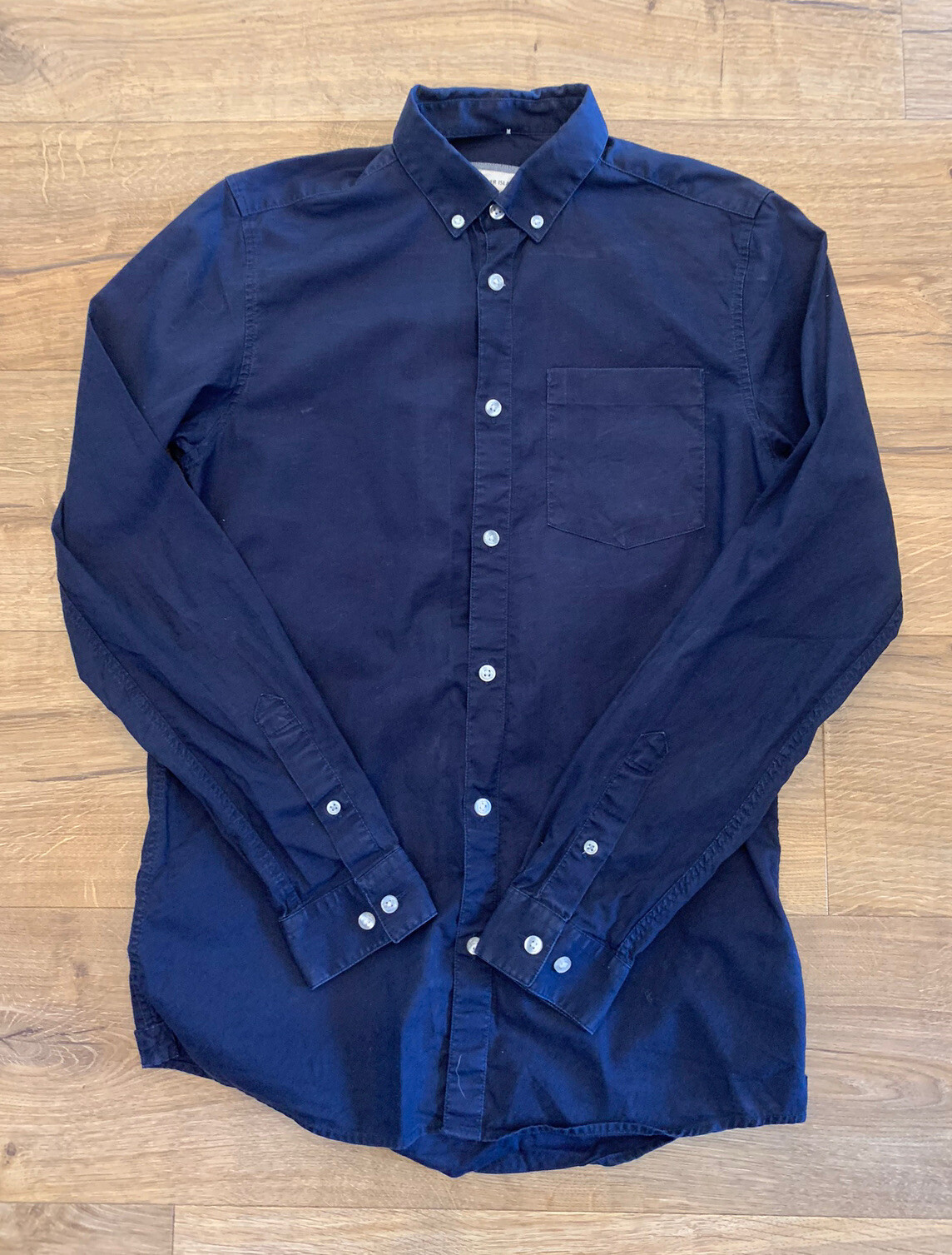 River Island Mens Oxford Navy Blue Fit Shirt Button Up Long Sleeve XS