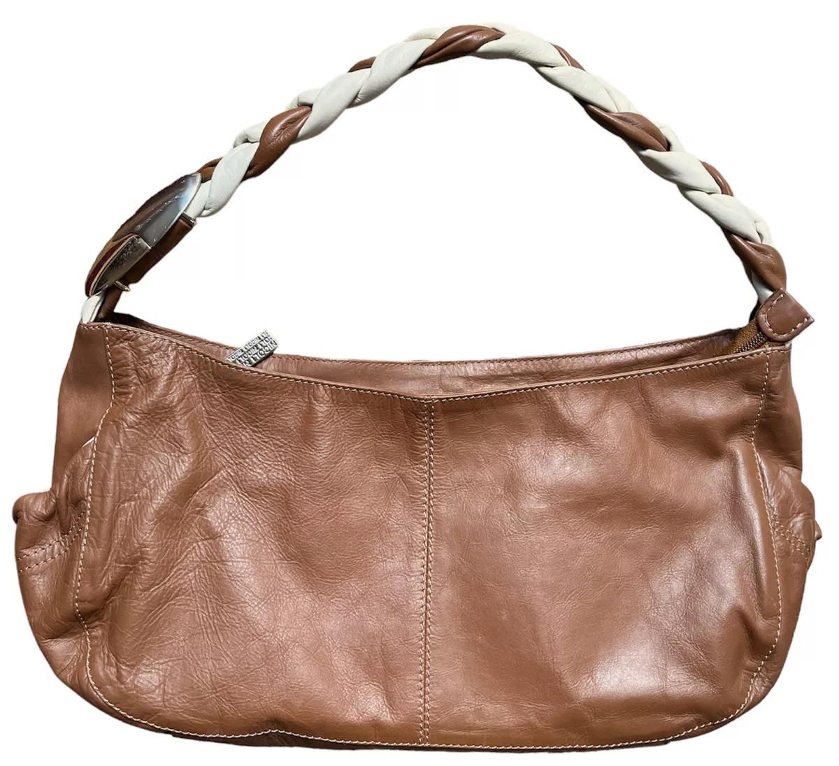 NICOLI Italy Slouchy Leather Braided W Accent Hobo Shoulder Hand bag Purse Brown