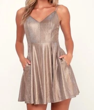 NWT Lulus Keeps Getting Better Gold Sparkle Strappy Skater Mini Dress Medium