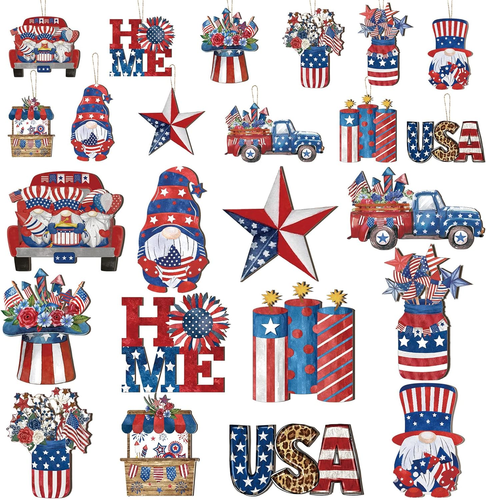 48 Pcs Memorial Day Patriotic Wood Ornaments 4Th of July Red White Blue Wooden S