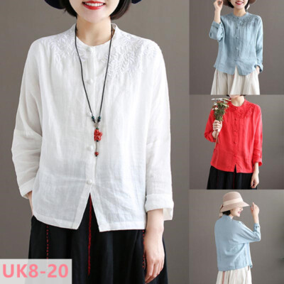 Women Ethnic Embroidery Shirt Blouse Buttons Long Sleeve Loose Casual