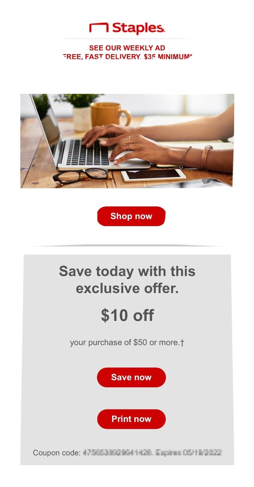 Staples $10 off $50 or more coupon for Online or in Store use