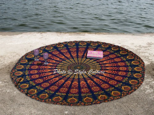 Ethnic Round Tablecloth Dark Blue 72 in. Printed Mandala Peacock Eye Tablecloth - Picture 2 of 3
