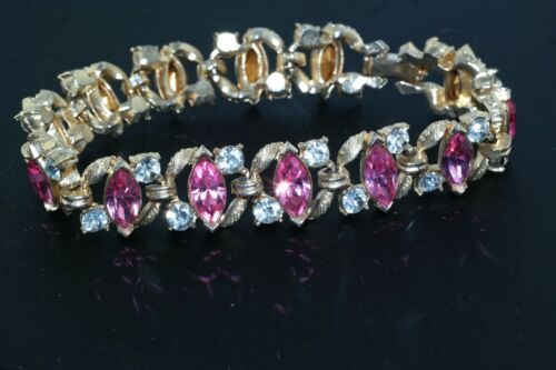 Vtg Pink & Clear Rhinestone Gold Tone Bracelet - image 1