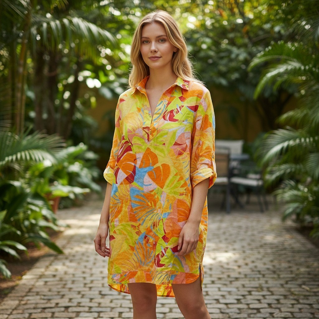 C&C California Tunic Dress Womens L Yellow Tropical Linen Blend Beach Coverup