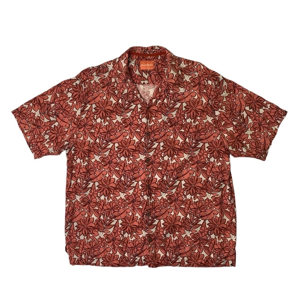 Tommy Bahama Shirt Mens XL Deep Rose Silk Tropical Floral Short Sleeve Camp