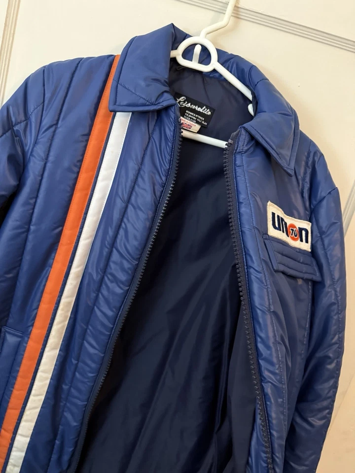 Chaqueta cortavientos Union 76 impresionante acolchada cálida rara vintage carrera rayas capucha Foto 2 de 4