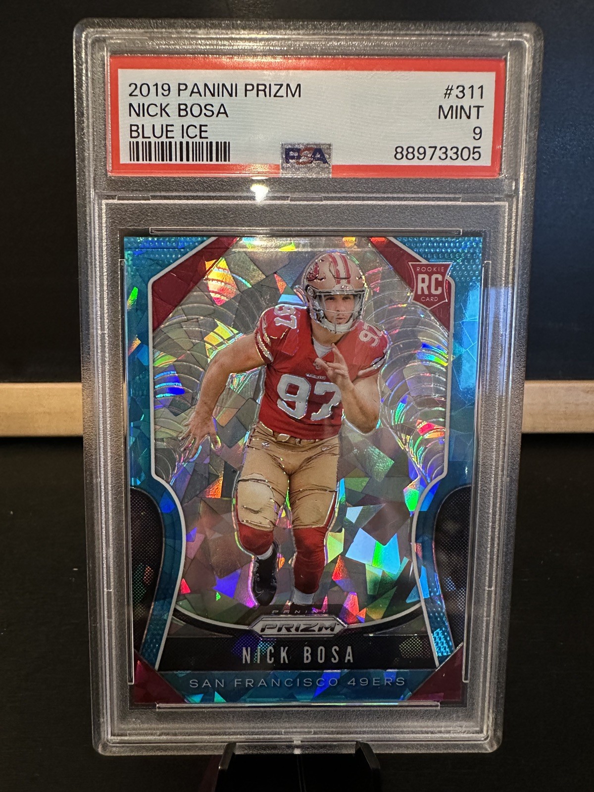 2019 Panini Prizm Rookies /99 Blue Cracked Ice Prizm #311 Nick Bosa RC SP PSA 9