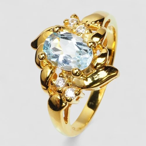 24K Gold 925 Sterling Silver Rings Magnificent Blue Aquamarine 0.89Ct Size 7