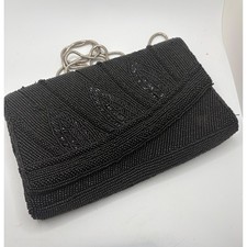 Black Beaded Clutch Evening Bag Silver Chain Strap Formal Party Purse