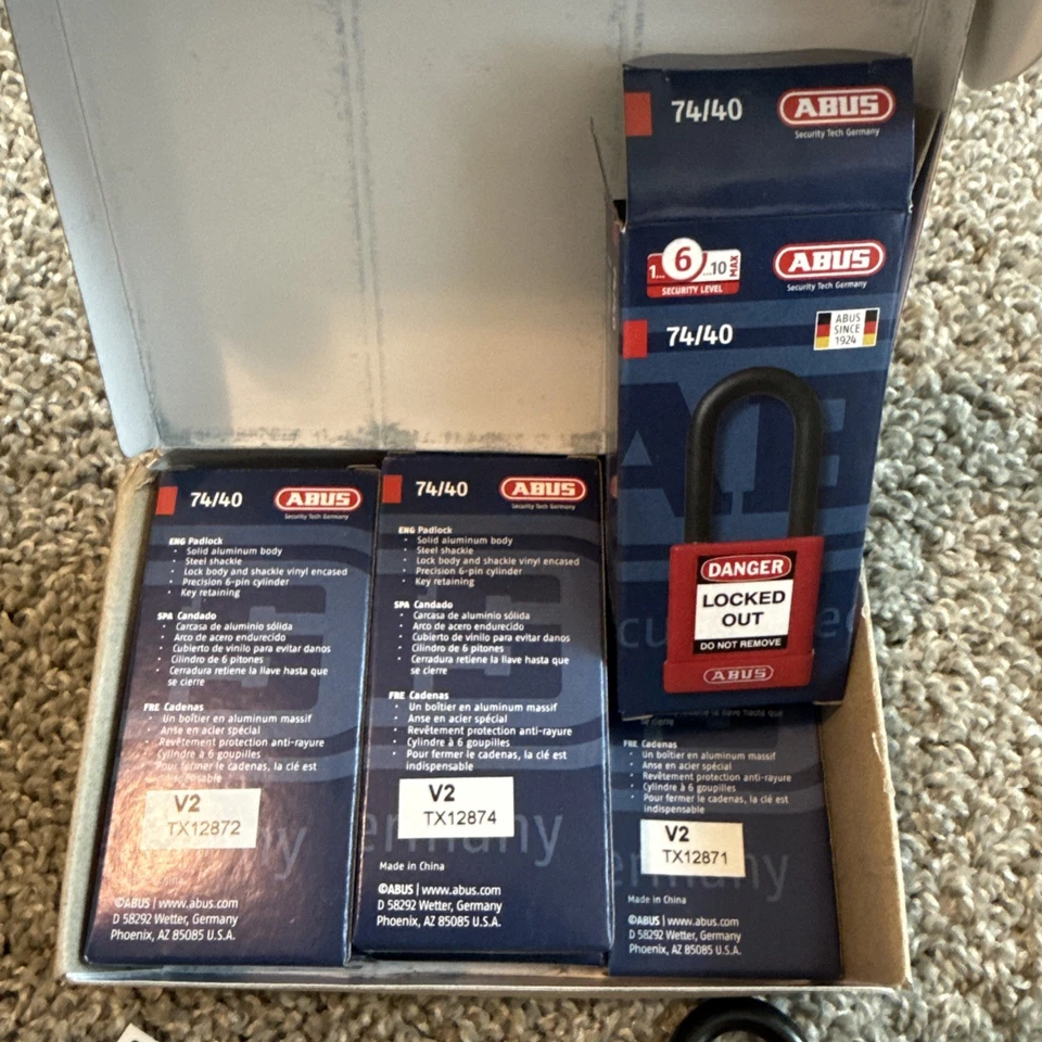 Lot of 6 Abus 74/40 Red Lockout Tag Out LOTO Padlock With Key & labels.  - Image 2 of 4