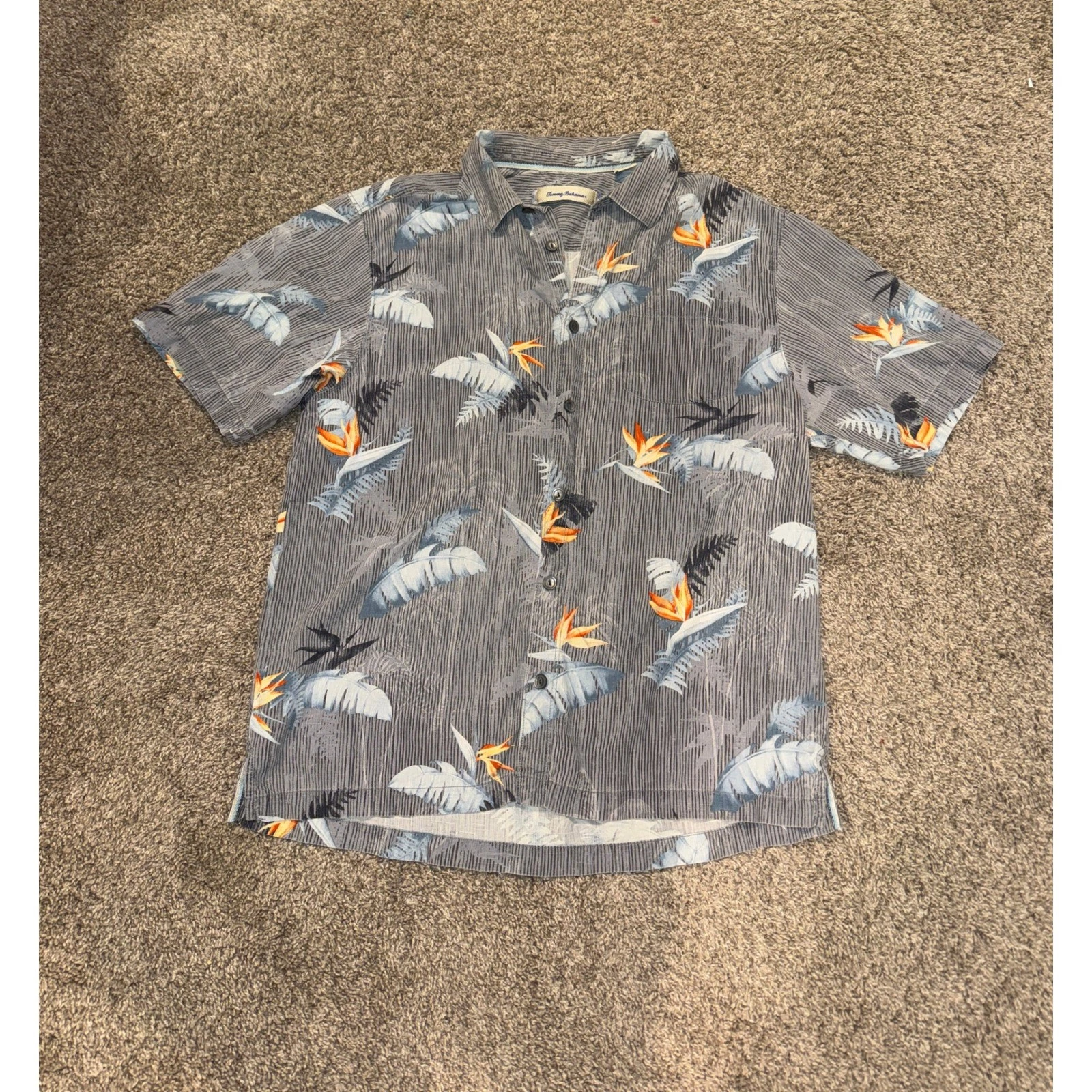 Tommy Bahama Mens Large Grey Tropical Bird of Paradise Camp Shirt